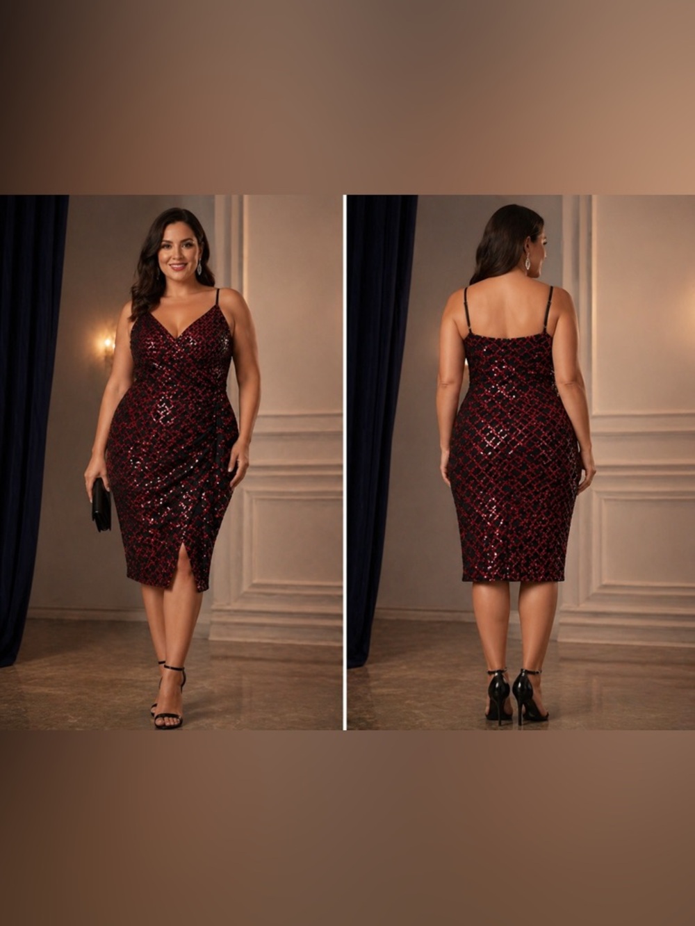 Sequined Red and Black Midi Formal Dress 4 Sleeveless NWT - Picture 3 of 12